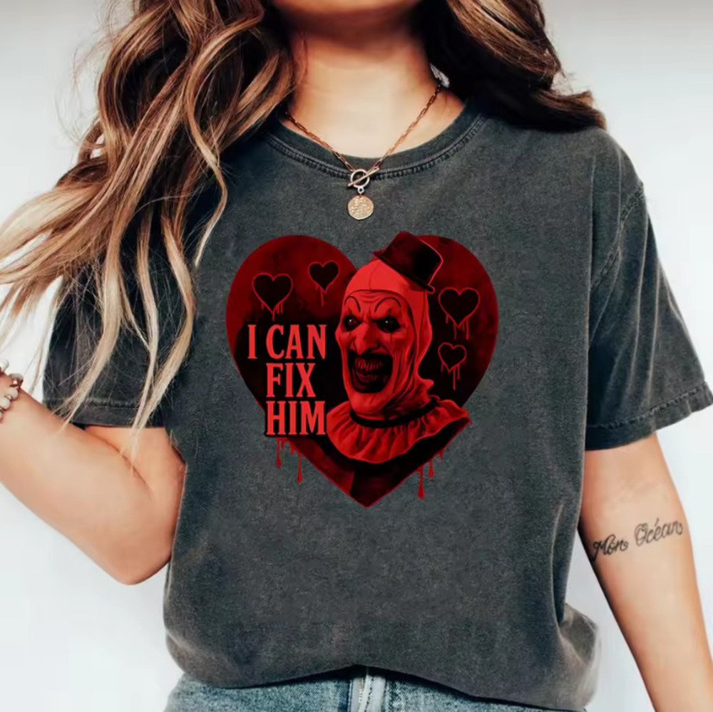 Art the Clown I Can Fix Him Heart Gothic Terrifier Acid Wash Grey T-Shirt